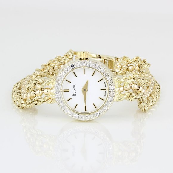 Vintage 14K Yellow Gold & Diamond Bulova Ladies Rope & Bead Bracelet Watch - Picture 1 of 9